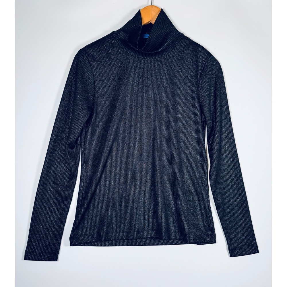 J‎ McLaughlin Top Womens Small Black Metallic Turtleneck Ribbed Stretch Shimmer